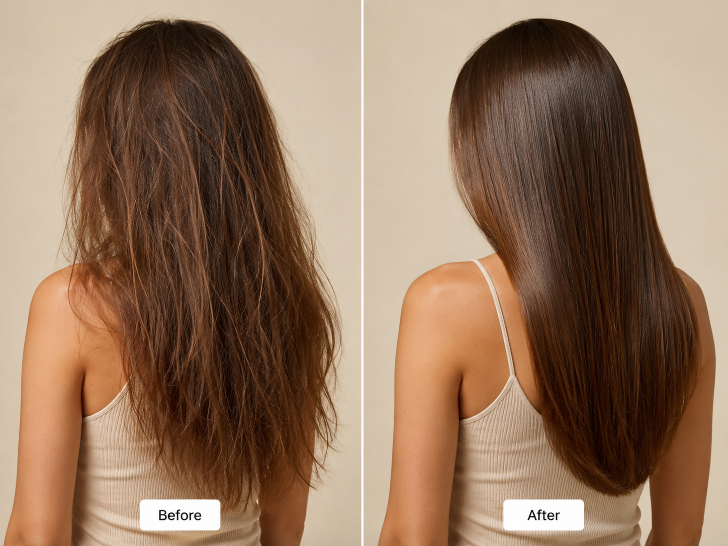 Before and after comparison of dry frizzy hair and smoother shinier hair